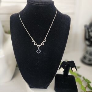 Silver Stainless Steel and Black Quatrefoil Flower Clover Necklace Earring Set